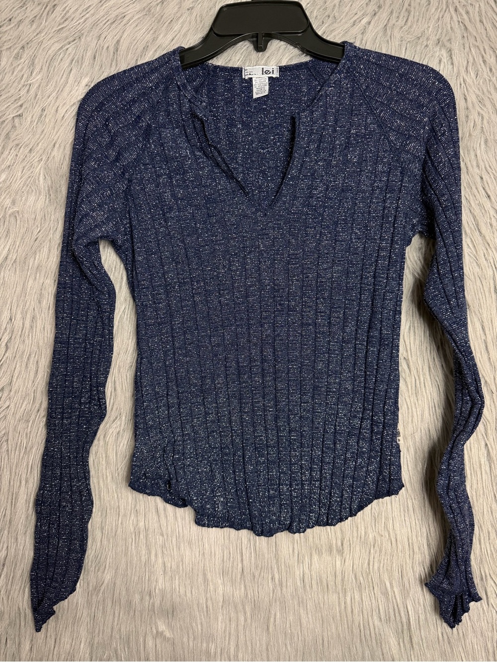 Navy Ribbed Long-Sleeve V-Neck Top